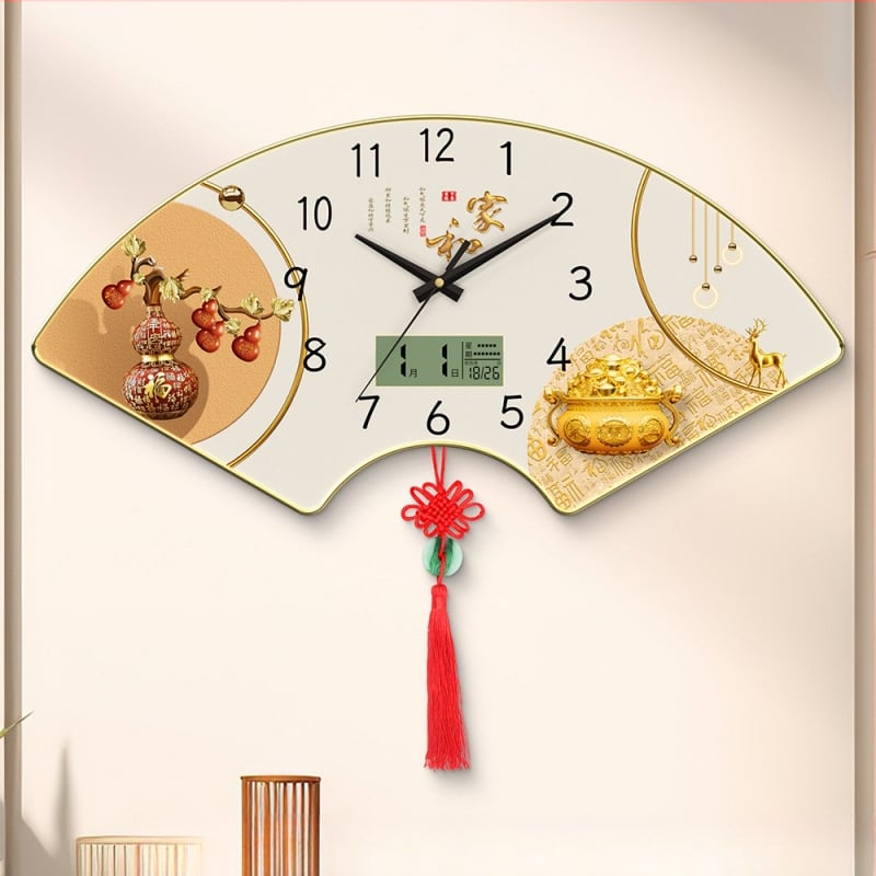 Sienas pulkstenis - ķīniešu stila, dekoratīvs mūžīgais kalendārs (kvarts kustība, koka korpuss)