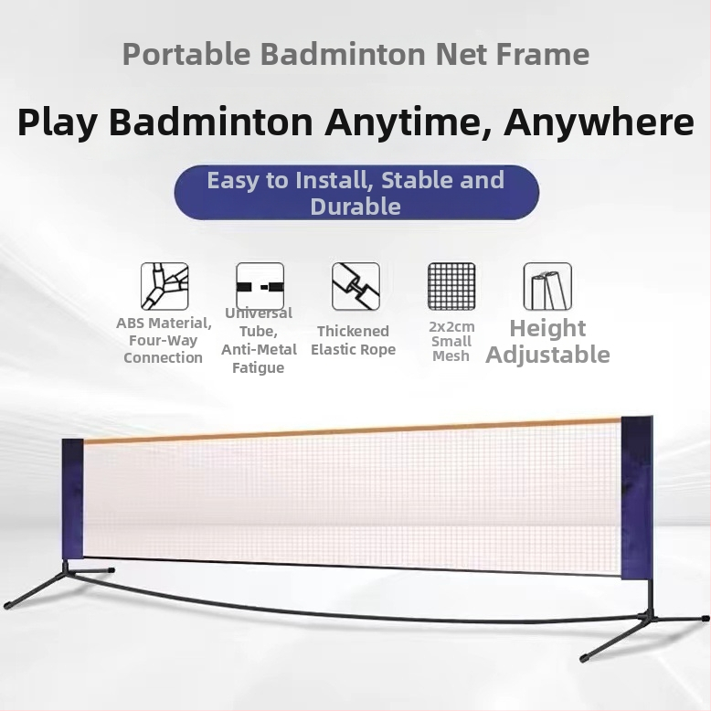 Portatīvs badminton tīkli statīvs — noņemams ārējais rāmis, logotipa druka iespējama; svars ap 2,5–3,5 kg; bumbiņu uzglabāšanas vieta