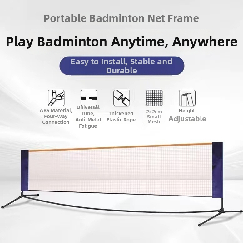 Portatīvs badminton tīkli statīvs — noņemams ārējais rāmis, logotipa druka iespējama; svars ap 2,5–3,5 kg; bumbiņu uzglabāšanas vieta