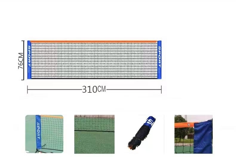 Portatīvs badminton tīkli statīvs — noņemams ārējais rāmis, logotipa druka iespējama; svars ap 2,5–3,5 kg; bumbiņu uzglabāšanas vieta
