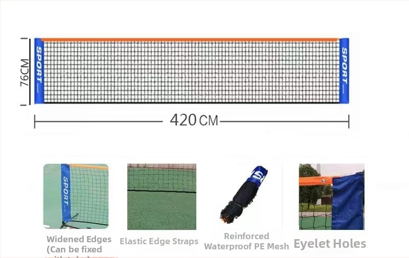 Portatīvs badminton tīkli statīvs — noņemams ārējais rāmis, logotipa druka iespējama; svars ap 2,5–3,5 kg; bumbiņu uzglabāšanas vieta