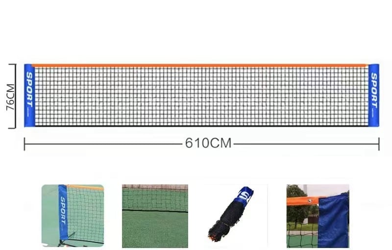 Portatīvs badminton tīkli statīvs — noņemams ārējais rāmis, logotipa druka iespējama; svars ap 2,5–3,5 kg; bumbiņu uzglabāšanas vieta