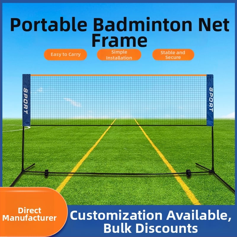 Portatīvs badminton tīkli statīvs — noņemams ārējais rāmis, logotipa druka iespējama; svars ap 2,5–3,5 kg; bumbiņu uzglabāšanas vieta