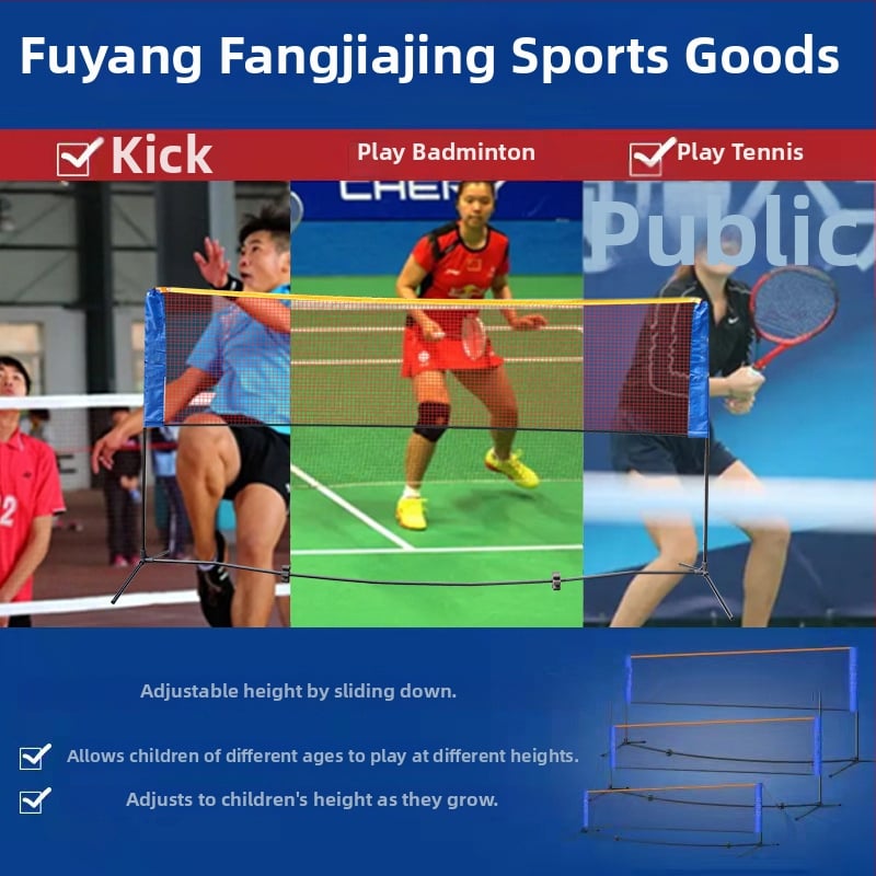 Portatīvs badminton tīkli statīvs — noņemams ārējais rāmis, logotipa druka iespējama; svars ap 2,5–3,5 kg; bumbiņu uzglabāšanas vieta