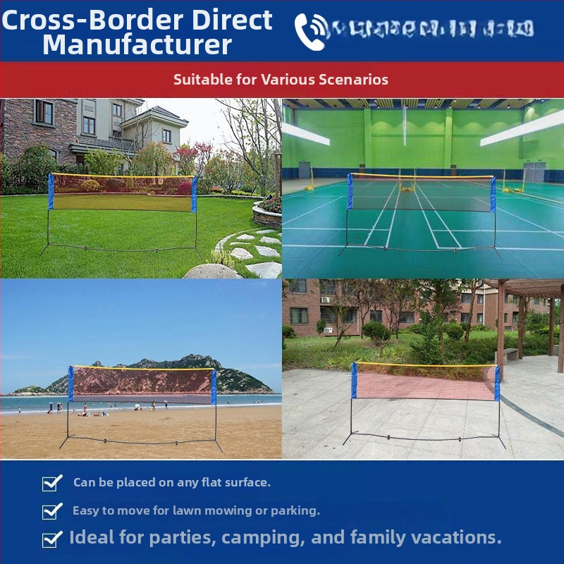 Portatīvs badminton tīkli statīvs — noņemams ārējais rāmis, logotipa druka iespējama; svars ap 2,5–3,5 kg; bumbiņu uzglabāšanas vieta