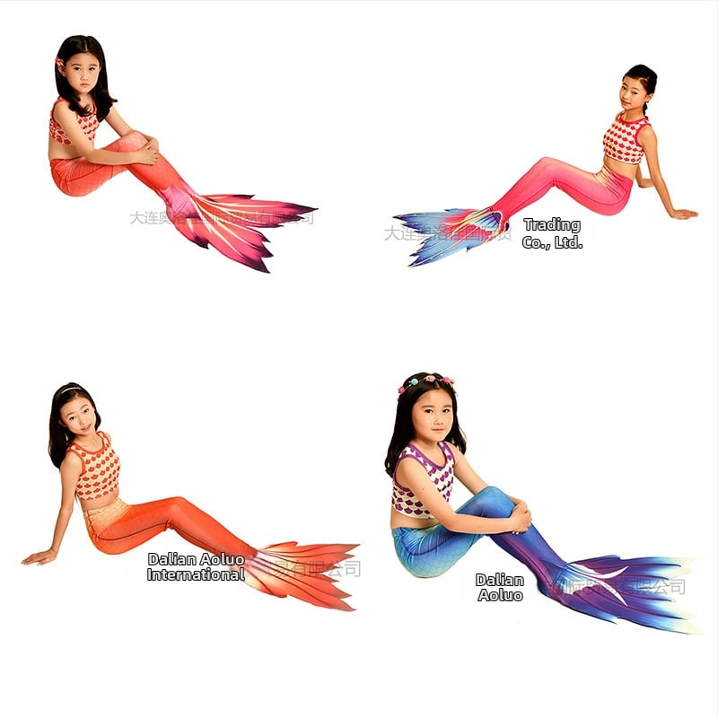 Bērnu viengabala sirenas peldkostīms ar asti un plūsmām, svītrainu/gradienta raksts, 20% elastāns