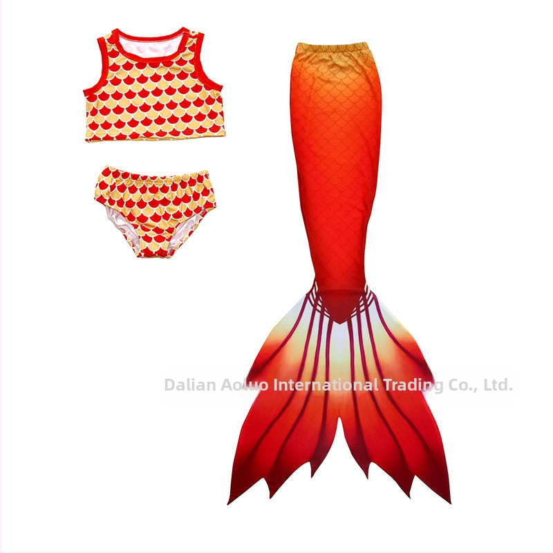 Bērnu viengabala sirenas peldkostīms ar asti un plūsmām, svītrainu/gradienta raksts, 20% elastāns