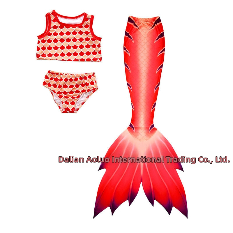 Bērnu viengabala sirenas peldkostīms ar asti un plūsmām, svītrainu/gradienta raksts, 20% elastāns