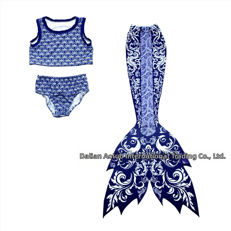 Bērnu viengabala sirenas peldkostīms ar asti un plūsmām, svītrainu/gradienta raksts, 20% elastāns