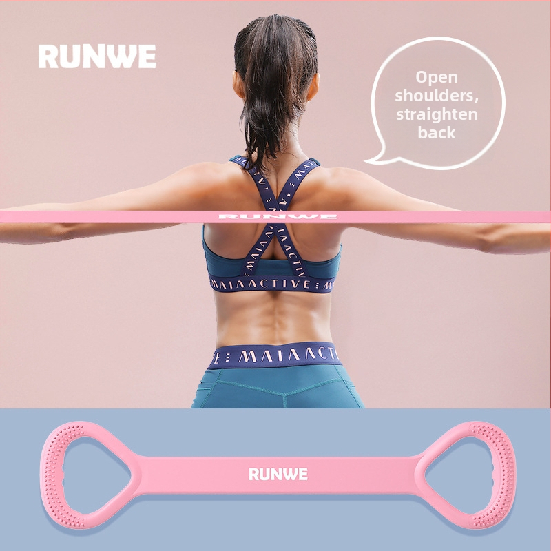 Figura-8 įtamptuvė nugaros ir pečių tempimui — silikonas, 20 lb pasipriešinimas, atviras pečių dizainas, prekinis ženklas Runwe/langwei