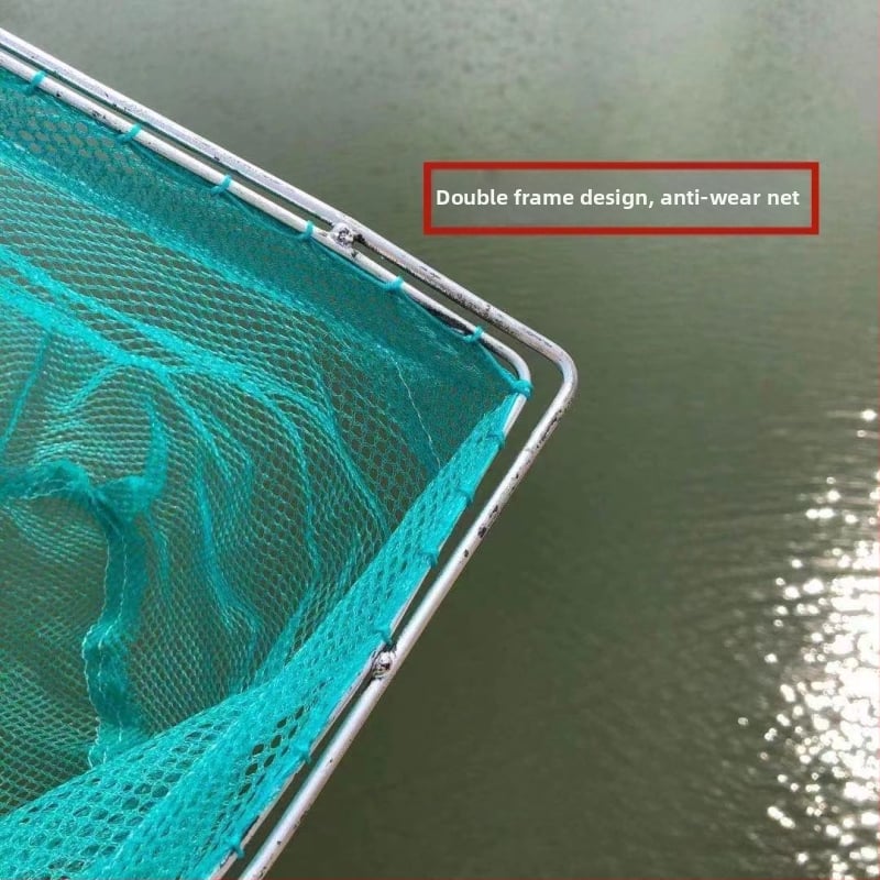 Dubultā rāmis zvejas tīklā ar koka rokturi un tērauda stieni, bez mezgliem, ātri žūstošs