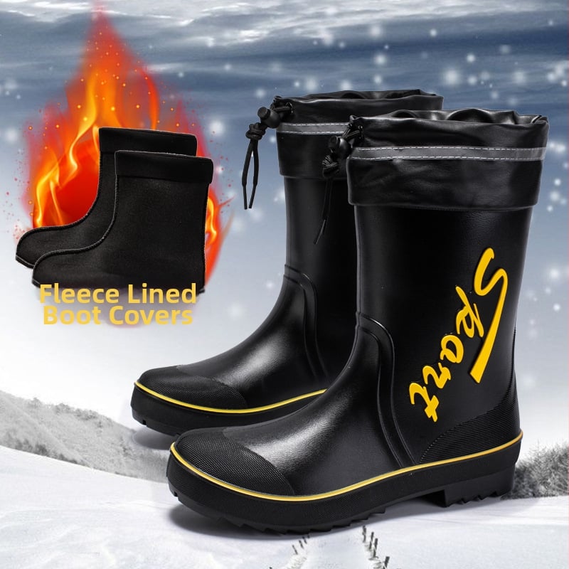 Meeste vihmajalatsid: veekindel PVC ülaosa, injektsioonivormiga plastikust talla, Slip-on disain, sisemus võrk ja kunstvill, libisemisvastased, soojad, kulumiskindlad, nelja hooajaga kasutamiseks