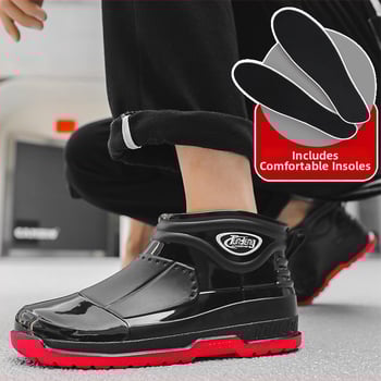 Meeste lühikesed vihmasaapad - PVC ülemine osa, injektsiooniga vormitud plasttald, EVA sisetald, sisemine võrkvooder, veekindlad ja libisemiskindlad