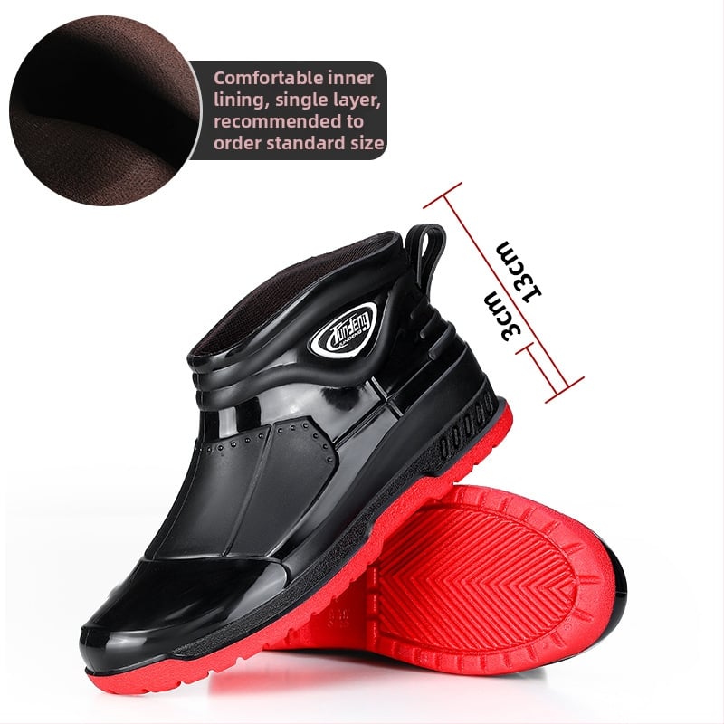 Meeste lühikesed vihmasaapad - PVC ülemine osa, injektsiooniga vormitud plasttald, EVA sisetald, sisemine võrkvooder, veekindlad ja libisemiskindlad