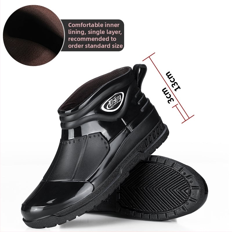 Meeste lühikesed vihmasaapad - PVC ülemine osa, injektsiooniga vormitud plasttald, EVA sisetald, sisemine võrkvooder, veekindlad ja libisemiskindlad