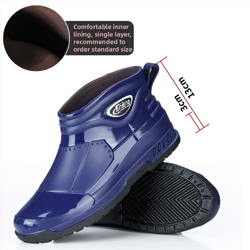 Meeste lühikesed vihmasaapad - PVC ülemine osa, injektsiooniga vormitud plasttald, EVA sisetald, sisemine võrkvooder, veekindlad ja libisemiskindlad