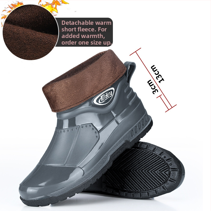 Meeste lühikesed vihmasaapad - PVC ülemine osa, injektsiooniga vormitud plasttald, EVA sisetald, sisemine võrkvooder, veekindlad ja libisemiskindlad