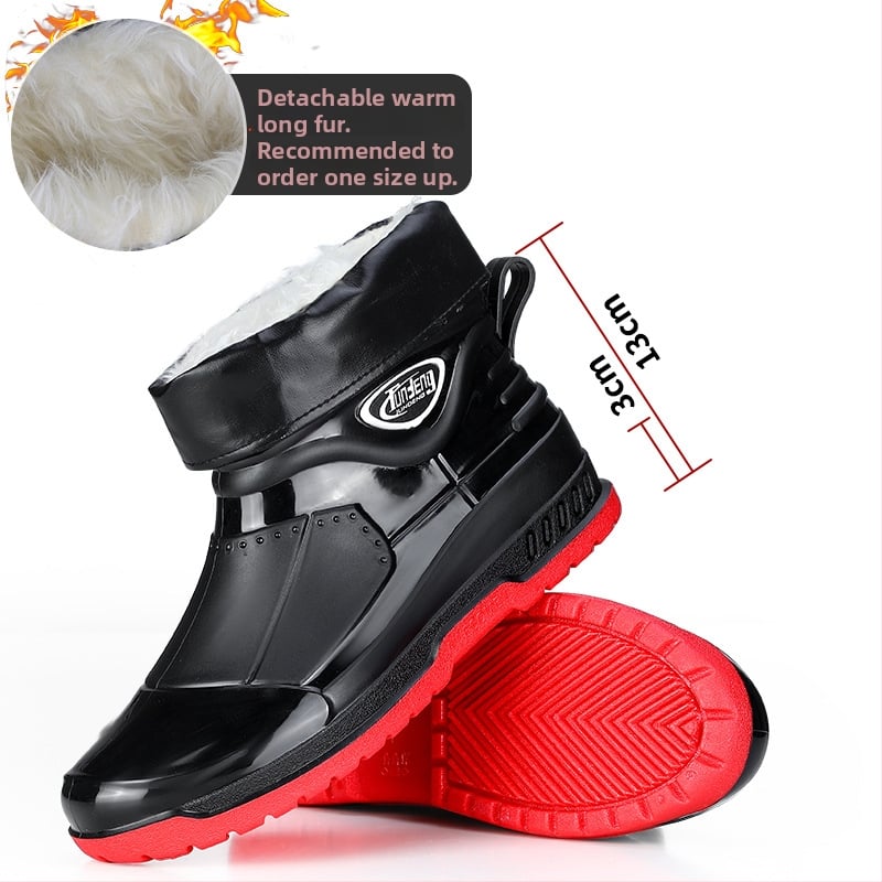 Meeste lühikesed vihmasaapad - PVC ülemine osa, injektsiooniga vormitud plasttald, EVA sisetald, sisemine võrkvooder, veekindlad ja libisemiskindlad