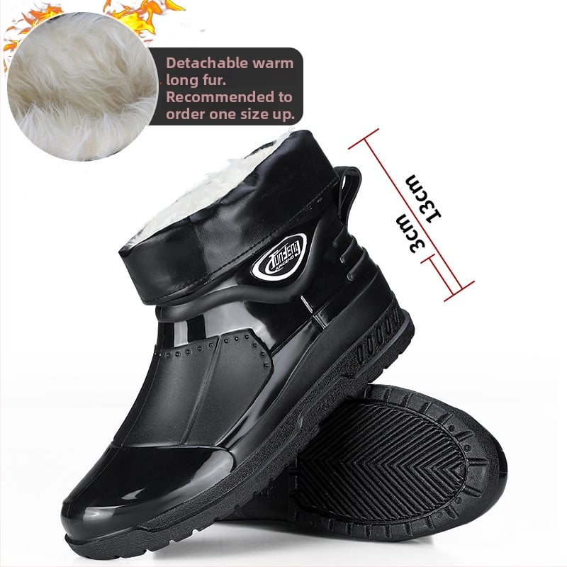 Meeste lühikesed vihmasaapad - PVC ülemine osa, injektsiooniga vormitud plasttald, EVA sisetald, sisemine võrkvooder, veekindlad ja libisemiskindlad