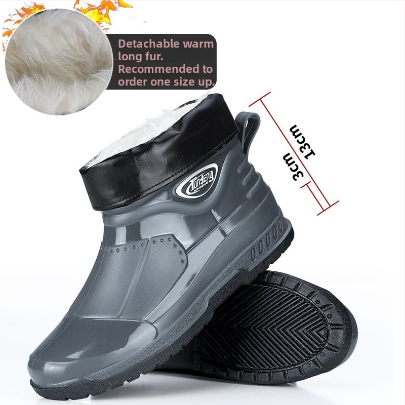 Meeste lühikesed vihmasaapad - PVC ülemine osa, injektsiooniga vormitud plasttald, EVA sisetald, sisemine võrkvooder, veekindlad ja libisemiskindlad