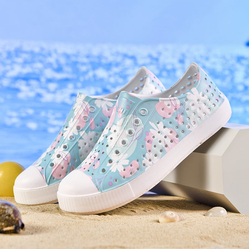 Sandale de plajă cu model floral perforat, partea superioară și talpa din EVA, uscare rapidă, respirabile, impermeabile, vârf rotund, înălțimea tocurilor 2,5 cm