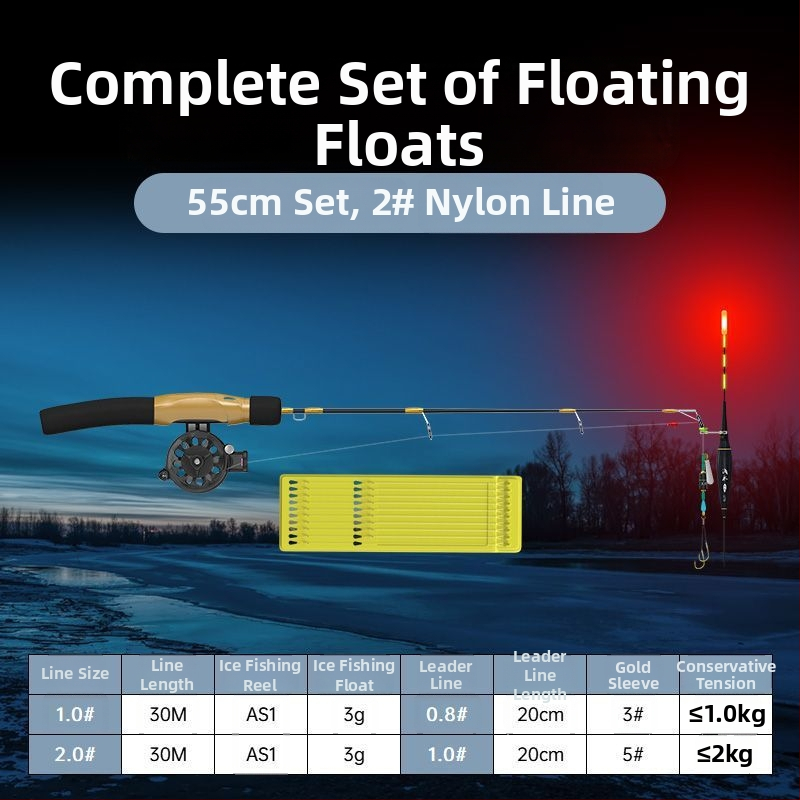 Ledus makšķerēšanas nūja, pārnēsājama, ar iepriekš piesienotu līniju un iekļauto spoli, pilns komplekts