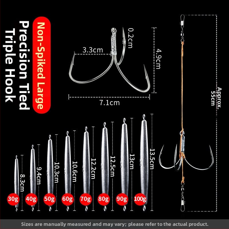 Āķu komplekts ar svina galvas ankoram, ar trim zobiem, zvīņu laušanas asmens, garš metiens, iepriekš piesieti āķi