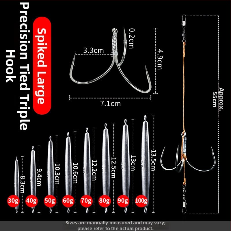 Āķu komplekts ar svina galvas ankoram, ar trim zobiem, zvīņu laušanas asmens, garš metiens, iepriekš piesieti āķi