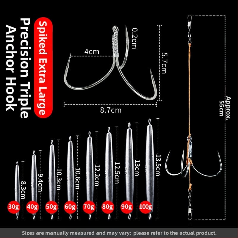 Āķu komplekts ar svina galvas ankoram, ar trim zobiem, zvīņu laušanas asmens, garš metiens, iepriekš piesieti āķi