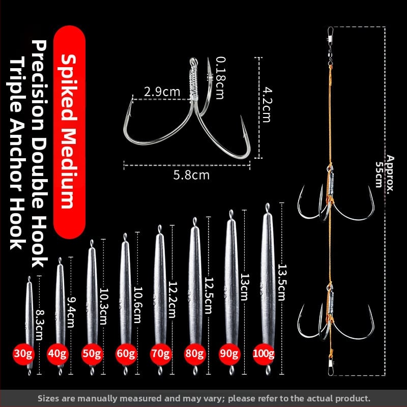 Āķu komplekts ar svina galvas ankoram, ar trim zobiem, zvīņu laušanas asmens, garš metiens, iepriekš piesieti āķi