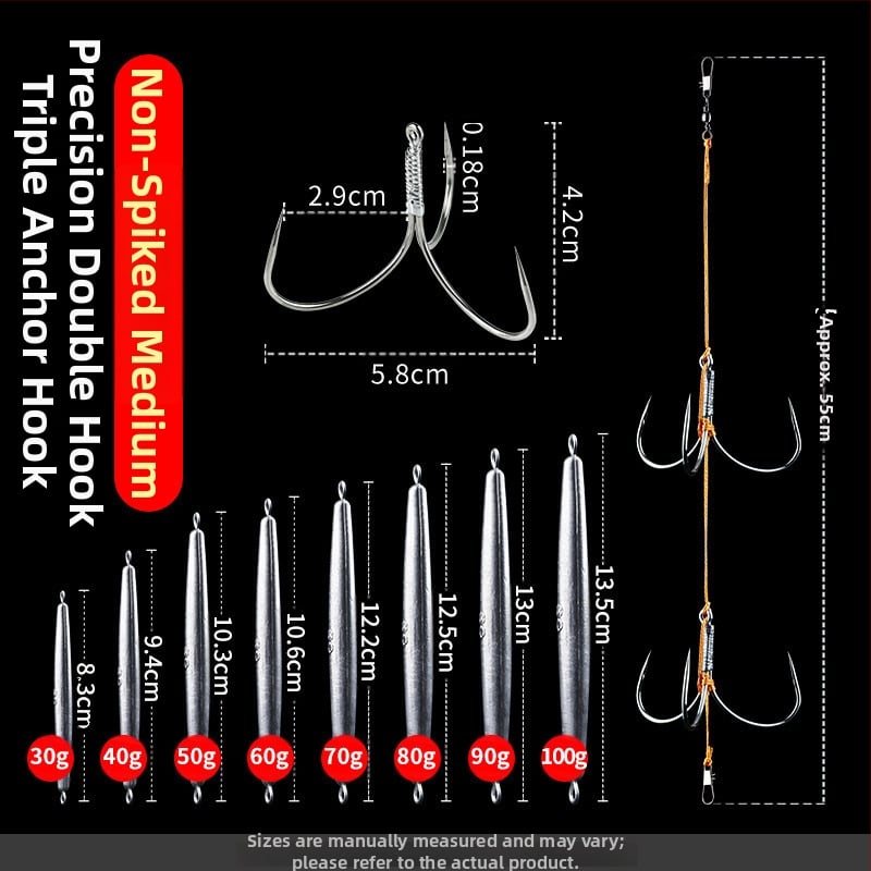 Āķu komplekts ar svina galvas ankoram, ar trim zobiem, zvīņu laušanas asmens, garš metiens, iepriekš piesieti āķi