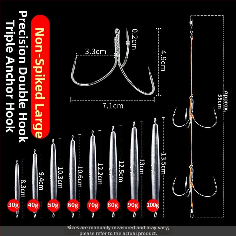 Āķu komplekts ar svina galvas ankoram, ar trim zobiem, zvīņu laušanas asmens, garš metiens, iepriekš piesieti āķi