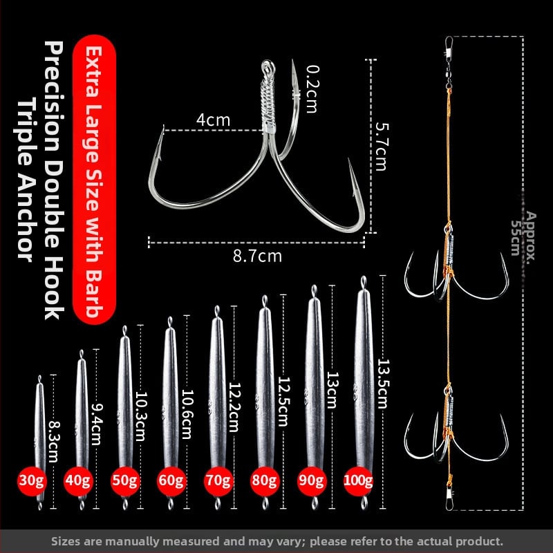 Āķu komplekts ar svina galvas ankoram, ar trim zobiem, zvīņu laušanas asmens, garš metiens, iepriekš piesieti āķi
