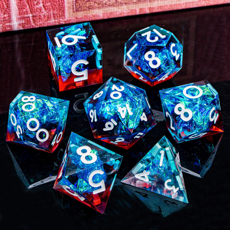 Set D&D kockica od smole — poliedrične D20 kocke s oštrim rubom, pravokutnog stila, 1 komplet u kutiji