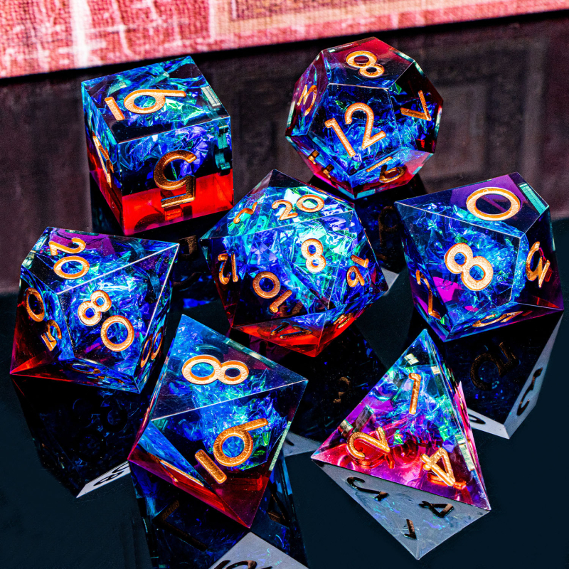 Set D&D kockica od smole — poliedrične D20 kocke s oštrim rubom, pravokutnog stila, 1 komplet u kutiji