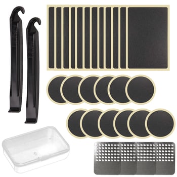 Plastikinis dviračio padangos remonto rinkinys be klijų, su demontavimo įrankiais ir remonto priemonėmis