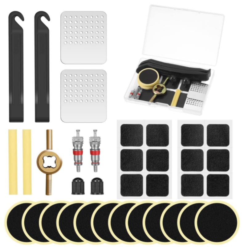 Plastikinis dviračio padangos remonto rinkinys be klijų, su demontavimo įrankiais ir remonto priemonėmis