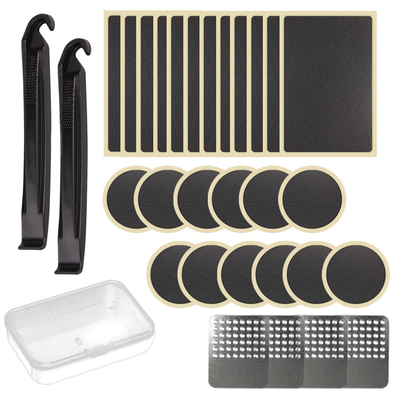 Plastikinis dviračio padangos remonto rinkinys be klijų, su demontavimo įrankiais ir remonto priemonėmis