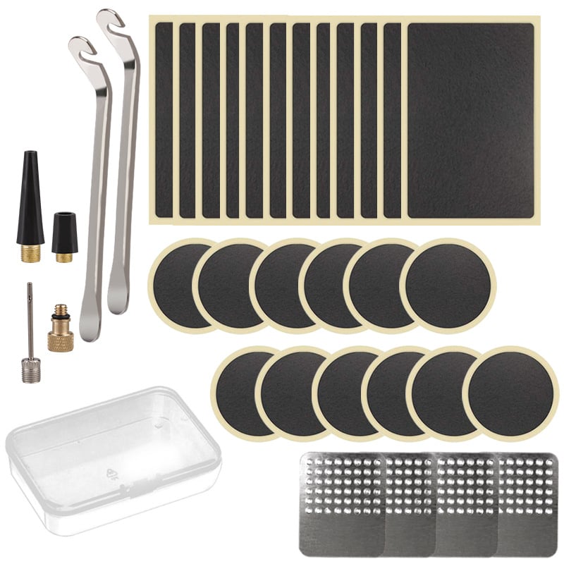 Plastikinis dviračio padangos remonto rinkinys be klijų, su demontavimo įrankiais ir remonto priemonėmis