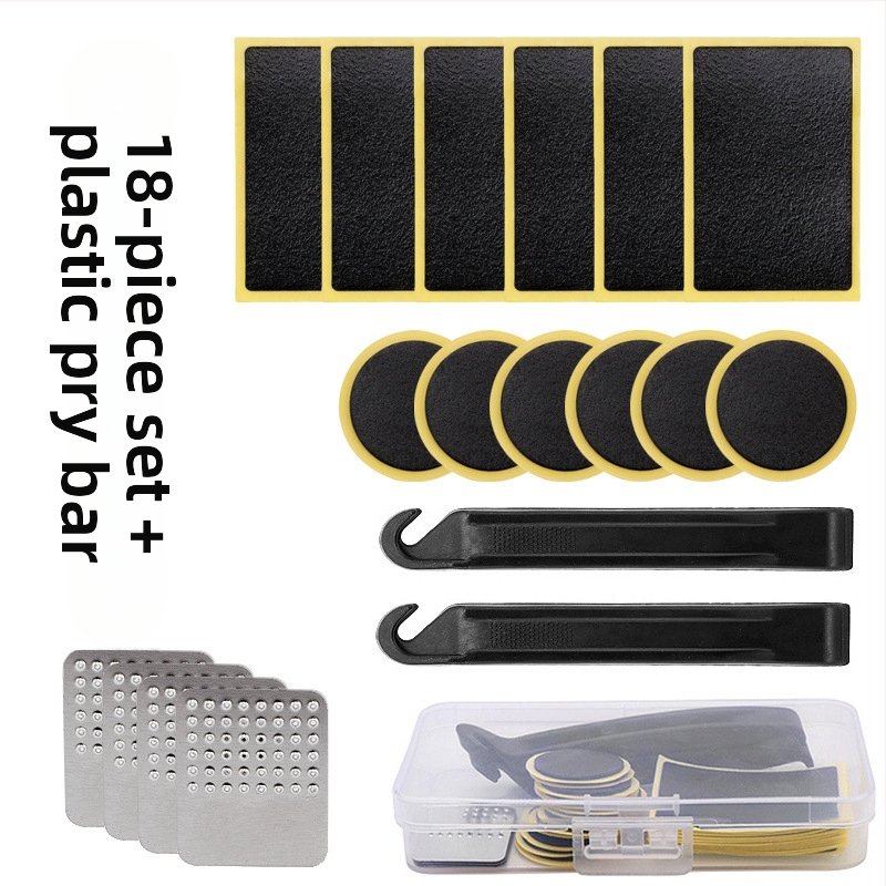 Plastikinis dviračio padangos remonto rinkinys be klijų, su demontavimo įrankiais ir remonto priemonėmis