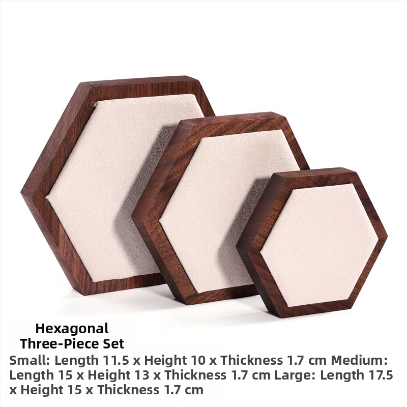 Trīsdaļu komplekts valrieksta koka ša hexagonāla rotaslietu displeja statīvs ar vienu slāni