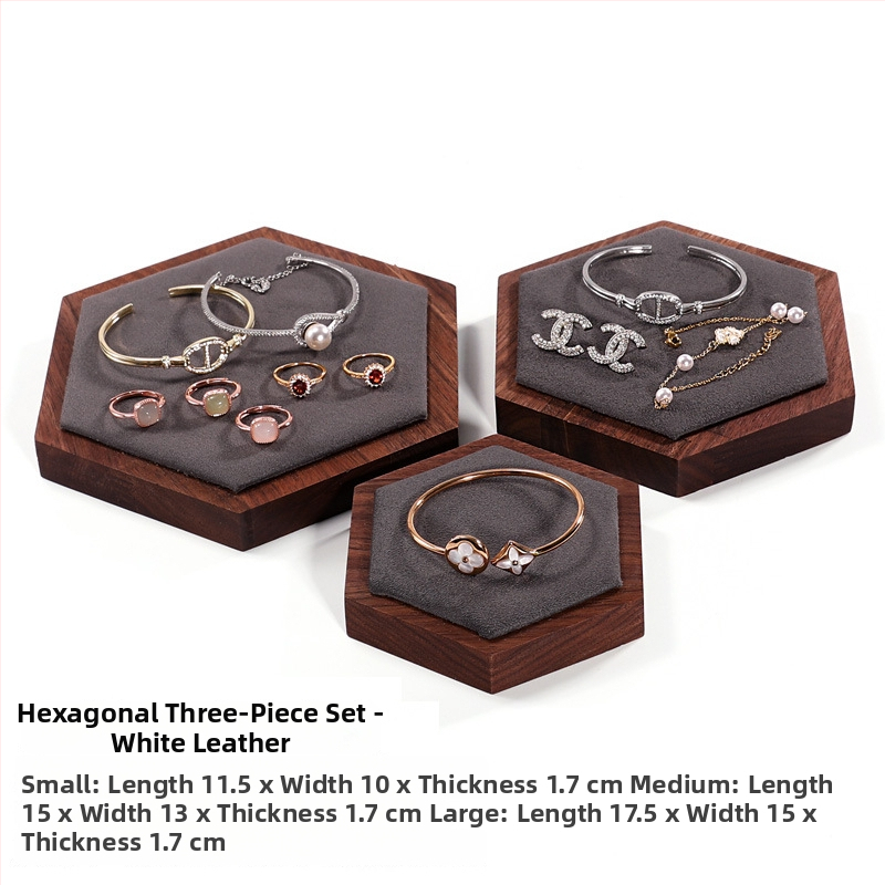 Trīsdaļu komplekts valrieksta koka ša hexagonāla rotaslietu displeja statīvs ar vienu slāni