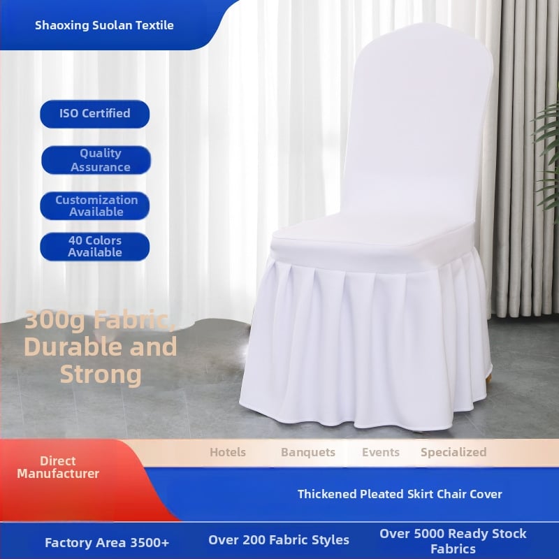Plisēta krēsla pārvalka, elastīga, bieza poliestera audums, audums 300 g, produkta svars 500 g, ar integrētu mugures atzveltni, viesnīcu banketu stils