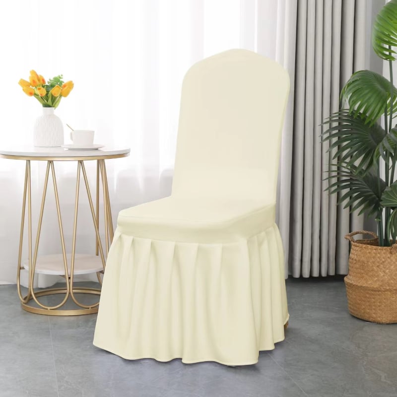 Plisēta krēsla pārvalka, elastīga, bieza poliestera audums, audums 300 g, produkta svars 500 g, ar integrētu mugures atzveltni, viesnīcu banketu stils