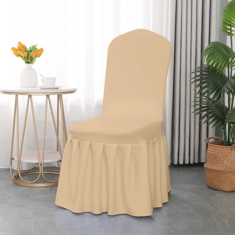Plisēta krēsla pārvalka, elastīga, bieza poliestera audums, audums 300 g, produkta svars 500 g, ar integrētu mugures atzveltni, viesnīcu banketu stils