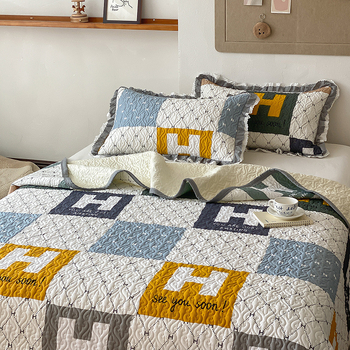 Pamučni prekrivač za krevet - dvostrano šivani quilt, trodijelni set, hotelski stil, geometrijski uzorci, biljke i crtani motivi