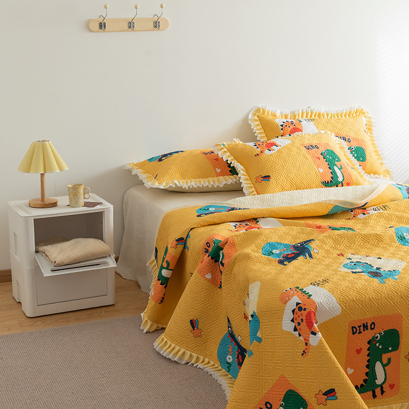 Pamučni prekrivač za krevet - dvostrano šivani quilt, trodijelni set, hotelski stil, geometrijski uzorci, biljke i crtani motivi