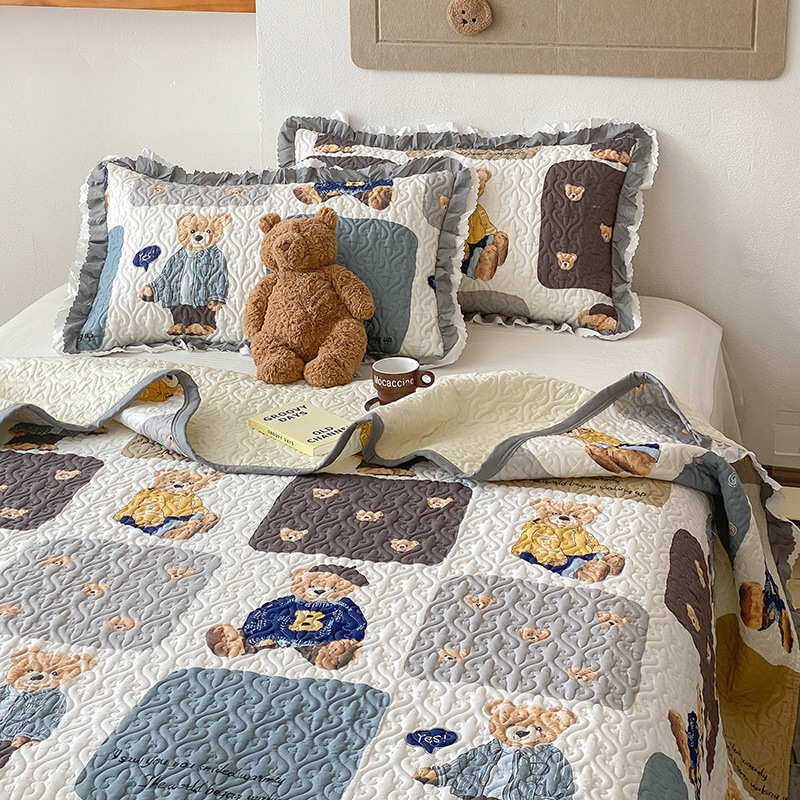 Pamučni prekrivač za krevet - dvostrano šivani quilt, trodijelni set, hotelski stil, geometrijski uzorci, biljke i crtani motivi