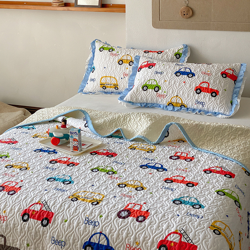 Pamučni prekrivač za krevet - dvostrano šivani quilt, trodijelni set, hotelski stil, geometrijski uzorci, biljke i crtani motivi
