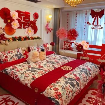 Комплект за украса на сватбена стая с 3D KT панел и стикери с двойно щастие за фон на спалнята — нетъкан текстил